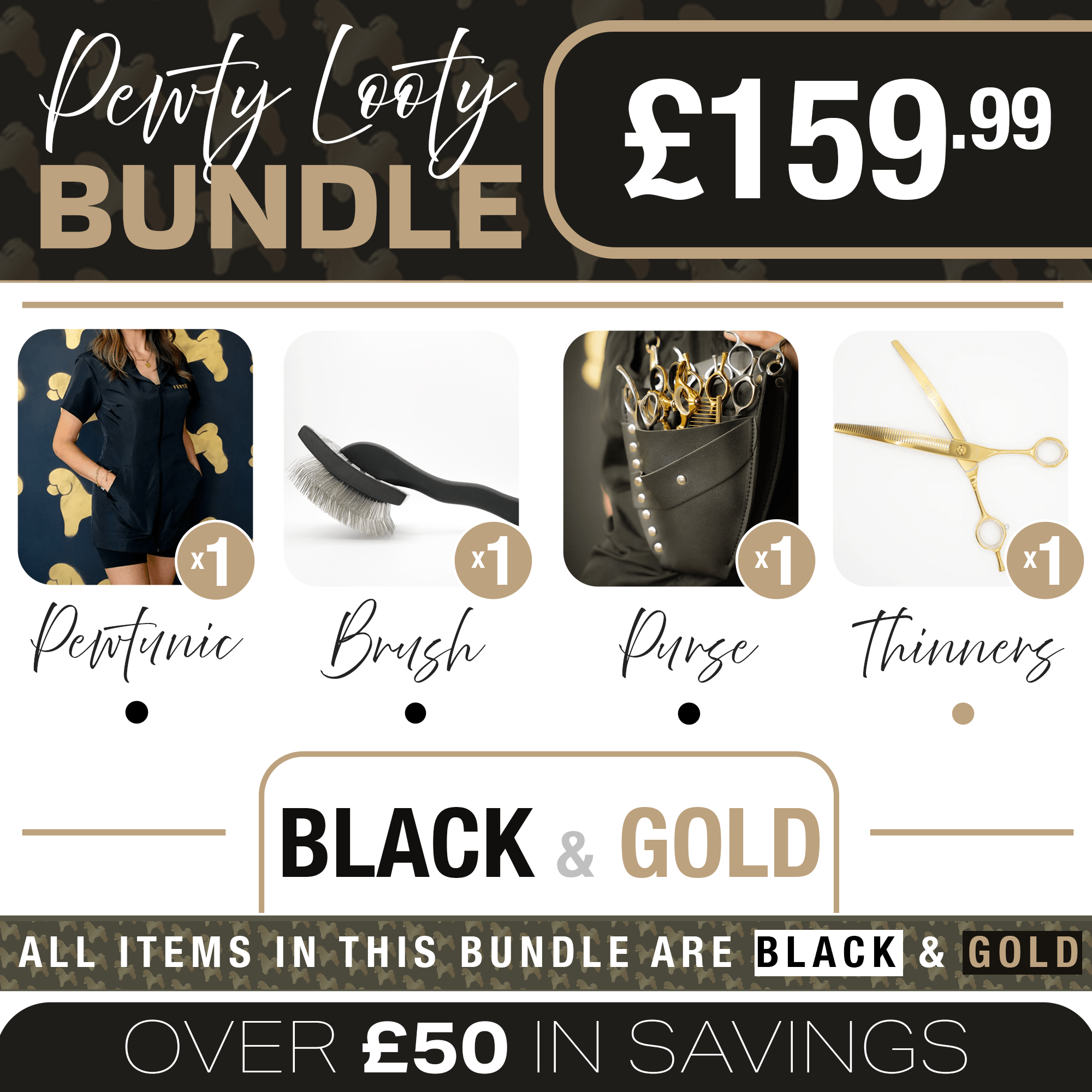Pewty Looty Black & Gold Bundle (Pewtunic) - Pewtner Grooming Supplies