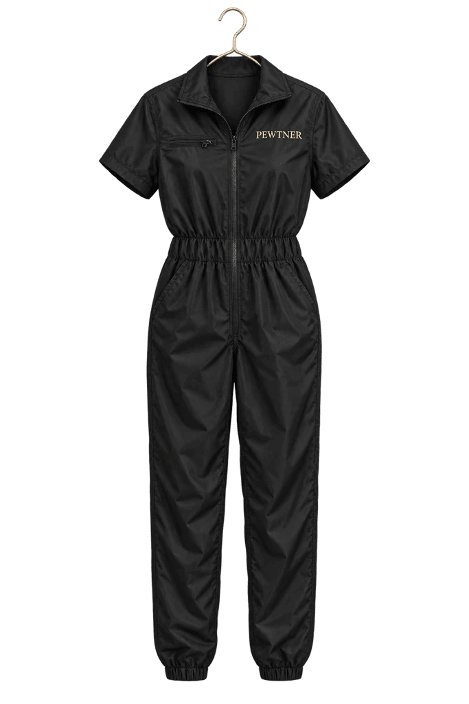 Black Pewtsuit - Women's Dog Grooming Workwear on a hanger