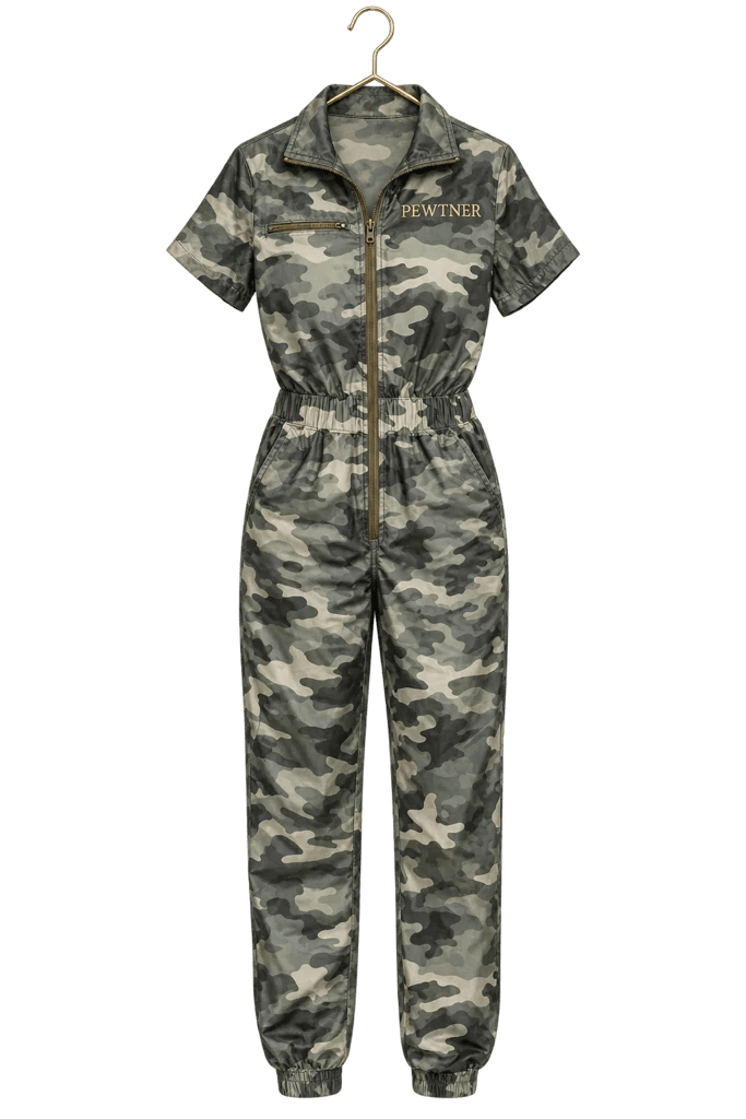 Camo Pewtsuit - Women's Dog Grooming Workwear on a hanger