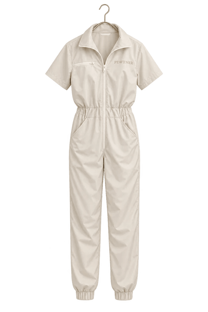 Cashmere Pewtsuit - Women's Dog Grooming Workwear on a hanger