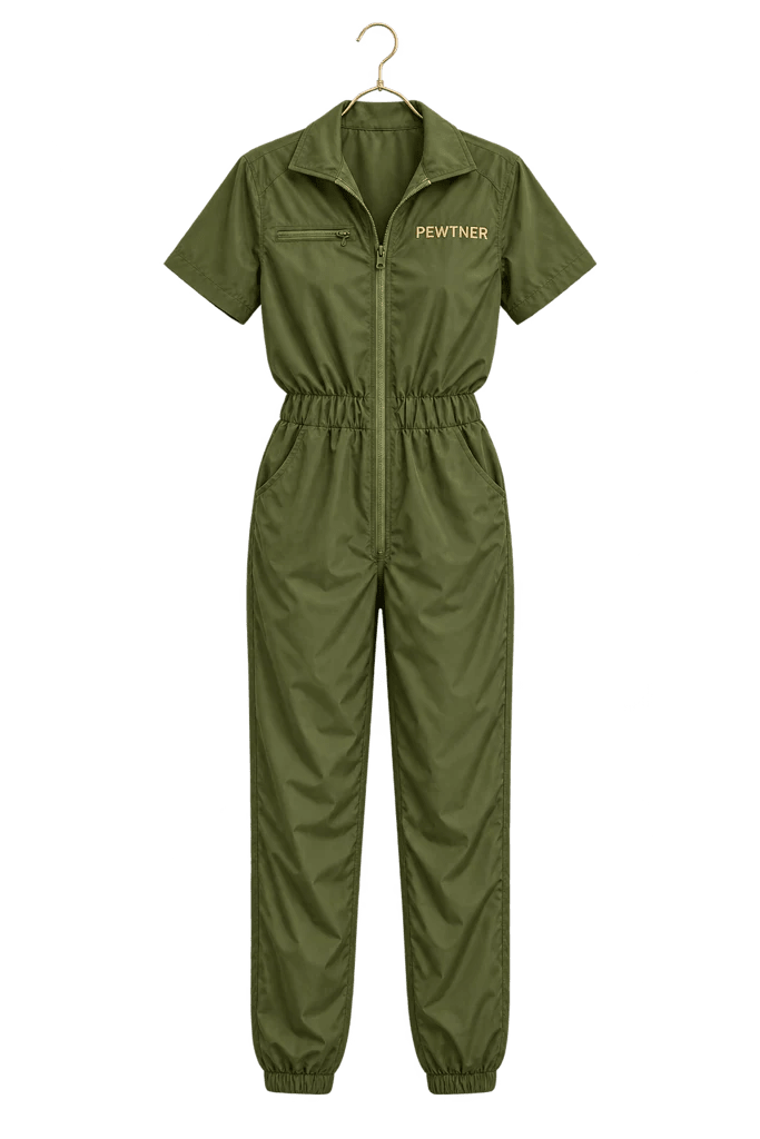 Khaki Pewtsuit - Women's Dog Grooming Workwear on a hanger