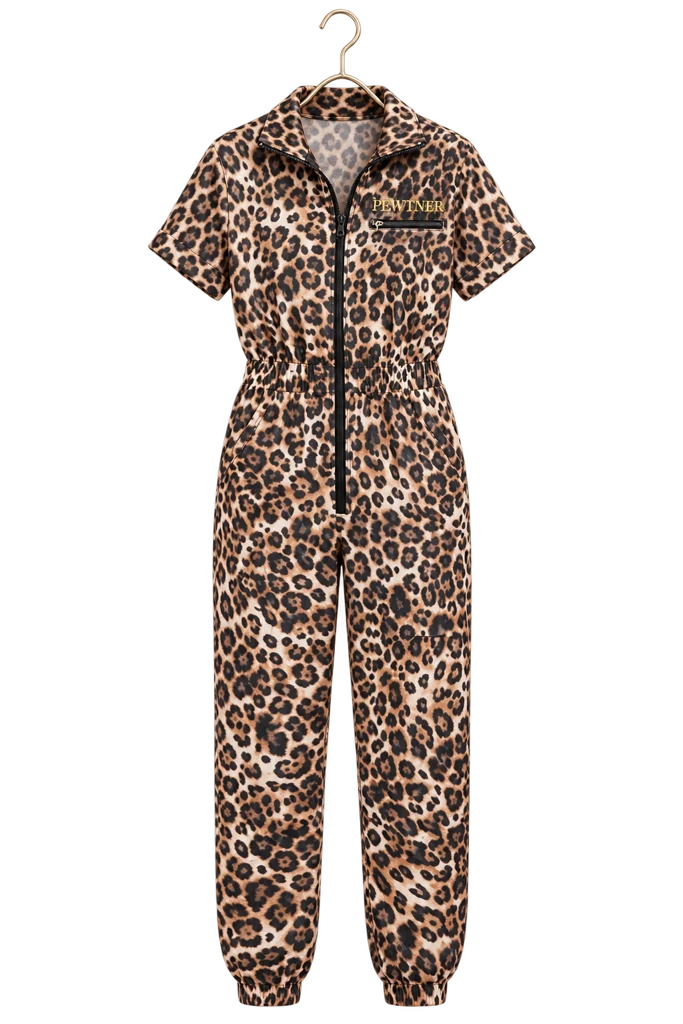 Leopard Pewtsuit - Women's Dog Grooming Workwear on a hanger