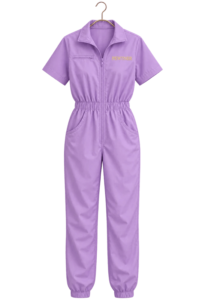 Lilac Pewtsuit - Women's Dog Grooming Workwear on a hanger