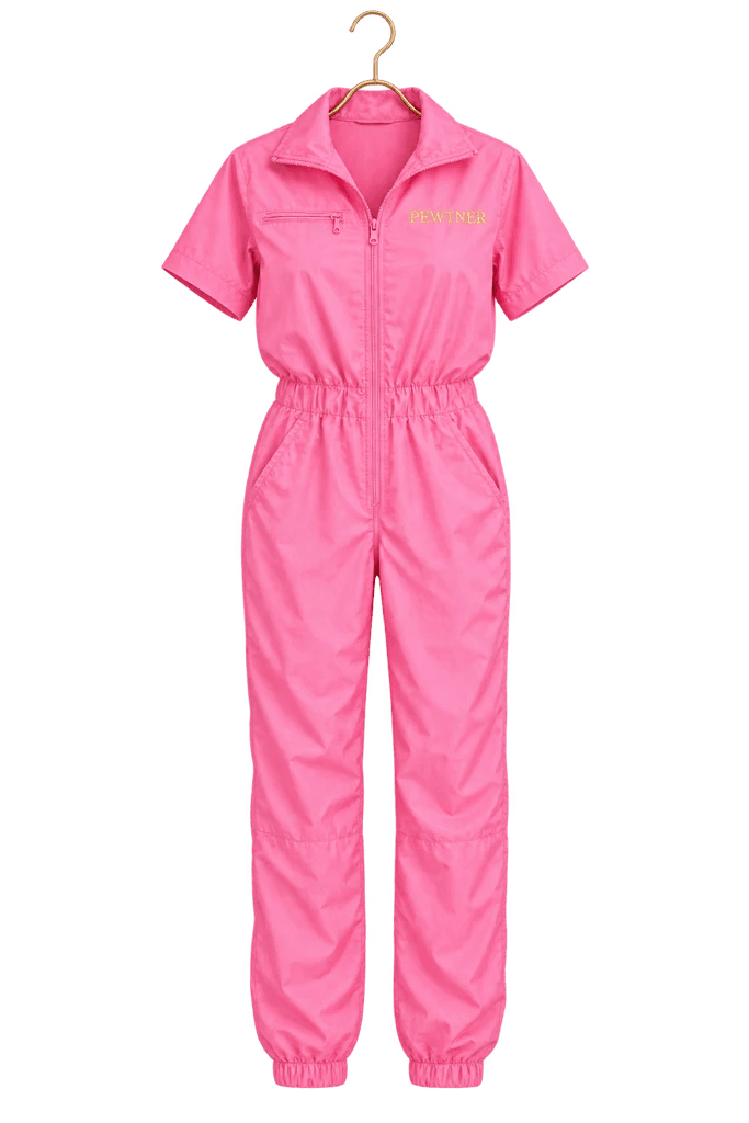 Pink Pewtsuit - Women's Dog Grooming Workwear on a hanger