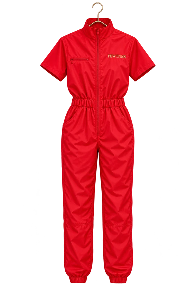 Red Pewtsuit - Women's Dog Grooming Workwear on a hanger